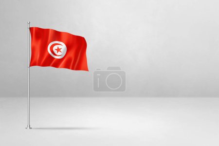 Téléchargez les photos : Drapeau Tunisie, illustration 3D, isolé sur fond de mur en béton blanc - en image libre de droit