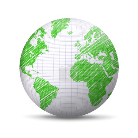 Téléchargez les photos : Carte du monde dessinée en stylo vert sur le globe de papier scolaire. Illustration 3D - en image libre de droit