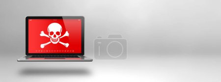 Photo for Laptop with a pirate symbol on screen. Hacking and virus concept. 3D illustration isolated on white background. Horizontal banner - Royalty Free Image