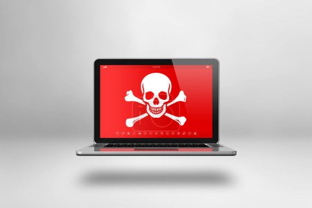 Foto de Portátil con un símbolo pirata en la pantalla. Concepto de hackeo y virus. Ilustración 3D aislada sobre fondo blanco - Imagen libre de derechos
