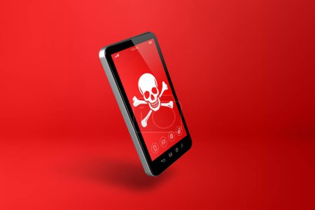 Téléchargez les photos : Smartphone avec un symbole pirate à l'écran. Concept de piratage et de virus. Illustration 3D isolée sur fond rouge - en image libre de droit