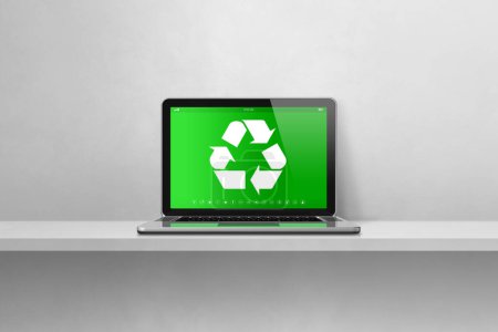 Foto de Ordenador portátil en un estante con un símbolo de reciclaje en la pantalla. concepto de conservación ambiental. Ilustración 3D aislada sobre fondo blanco - Imagen libre de derechos