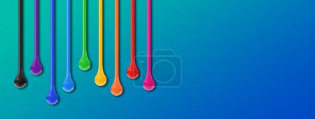 Photo for Colorful ink drops isolated on blue background. Horizontal banner. 3D illustration - Royalty Free Image