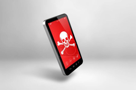 Téléchargez les photos : Smartphone avec un symbole pirate à l'écran. Concept de piratage et de virus. Illustration 3D isolée sur fond blanc - en image libre de droit