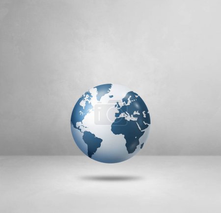 Téléchargez les photos : Globe mondial, carte bleue de la terre, flottant sur un fond blanc. Illustration 3D isolée. Modèle carré - en image libre de droit