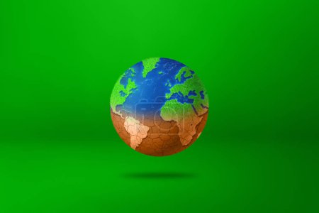 Photo for World globe drying out due to global warming. Isolated on green background. Environmental protection symbol. 3D illustration - Royalty Free Image