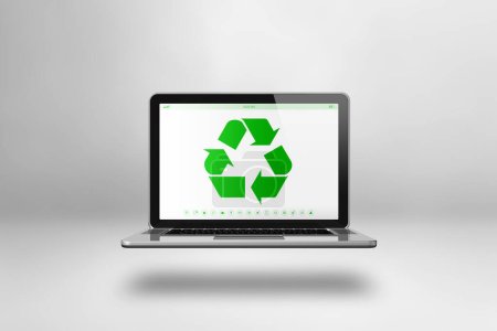 Foto de Ordenador portátil con un símbolo de reciclaje en la pantalla. concepto de conservación ambiental. Ilustración 3D aislada sobre fondo blanco - Imagen libre de derechos