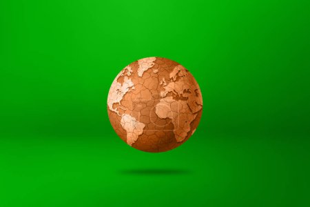 Téléchargez les photos : Globe du monde sec et fissuré isolé sur fond vert. Symbole du réchauffement climatique. Illustration 3D - en image libre de droit