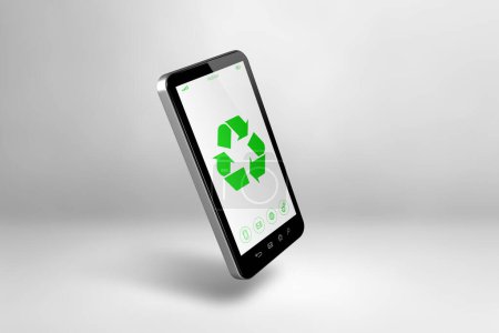 Foto de Smartphone con un símbolo de reciclaje en pantalla. concepto de conservación ambiental. Ilustración 3D aislada sobre fondo blanco - Imagen libre de derechos