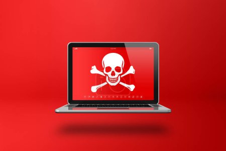 Laptop with a pirate symbol on screen. Hacking and virus concept. 3D illustration isolated on red background