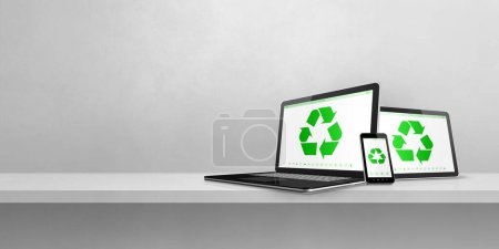 Photo for Laptop, tablet PC and smartphone on a shelf with a recycle symbol on screen. environmental conservation concept. 3D illustration isolated on white background. Horizontal banner - Royalty Free Image