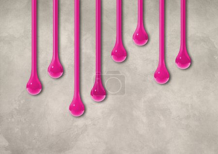 Foto de Gotas de tinta rosa aisladas en pared de hormigón ligero. Fondo de pantalla horizontal. Ilustración 3D - Imagen libre de derechos
