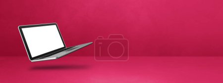 Téléchargez les photos : Ordinateur portable vierge flottant sur un fond rose. Illustration 3D isolée. Modèle de bannière horizontale - en image libre de droit