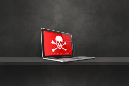 Photo for Laptop on a shelf with a pirate symbol on screen. Hacking and virus concept. 3D illustration isolated on black background - Royalty Free Image