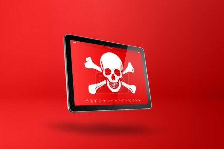 Téléchargez les photos : Tablette numérique avec un symbole pirate à l'écran. Concept de piratage et de virus. Illustration 3D isolée sur fond rouge - en image libre de droit
