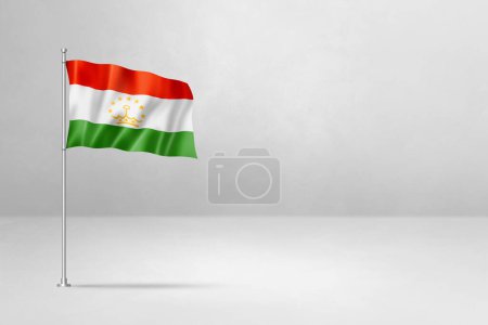 Foto de Bandera de Tayikistán, ilustración 3D, aislada sobre fondo de pared de hormigón blanco - Imagen libre de derechos