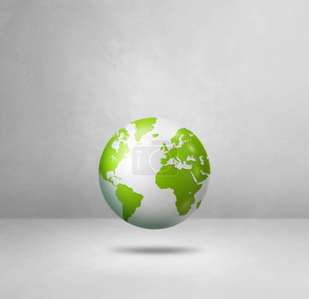 Téléchargez les photos : Globe mondial, carte verte de la terre, flottant sur un fond blanc. Illustration 3D isolée. Modèle carré - en image libre de droit