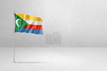 Foto de Bandera de Comoras, ilustración 3D, aislada sobre fondo de pared de hormigón blanco - Imagen libre de derechos