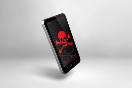 Téléchargez les photos : Smartphone avec un symbole pirate à l'écran. Concept de piratage et de virus. Illustration 3D isolée sur fond blanc - en image libre de droit