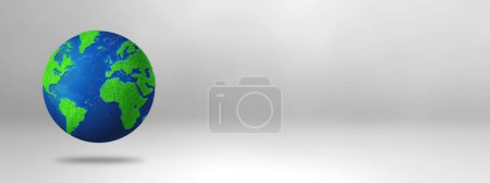 Téléchargez les photos : Globe mondial recouvert d'herbe et d'eau isolé sur fond blanc. Symbole de protection environnementale. Illustration 3D. Bannière horizontale - en image libre de droit