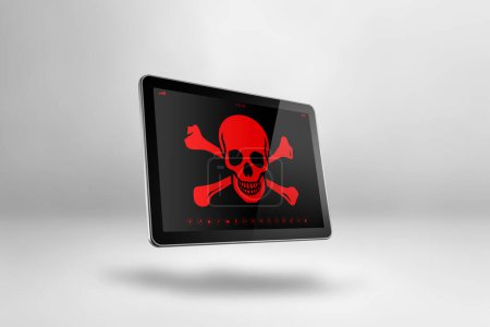 Téléchargez les photos : Tablette numérique avec un symbole pirate à l'écran. Concept de piratage et de virus. Illustration 3D isolée sur fond blanc - en image libre de droit