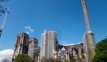 Téléchargez les photos : Paris - France - 02 mai 2023 : Reconstruction de la cathédrale Notre-Dame de Paris sur l'Ile de la Cité. Vue depuis les berges de Seine - en image libre de droit