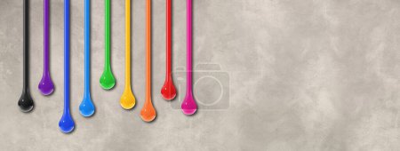 Photo for Colorful ink drops isolated on light concrete wall. Horizontal banner. 3D illustration - Royalty Free Image