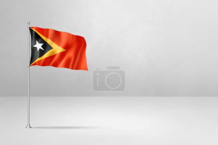 Foto de Bandera de Timor Oriental, ilustración 3D, aislada sobre fondo de pared de hormigón blanco - Imagen libre de derechos
