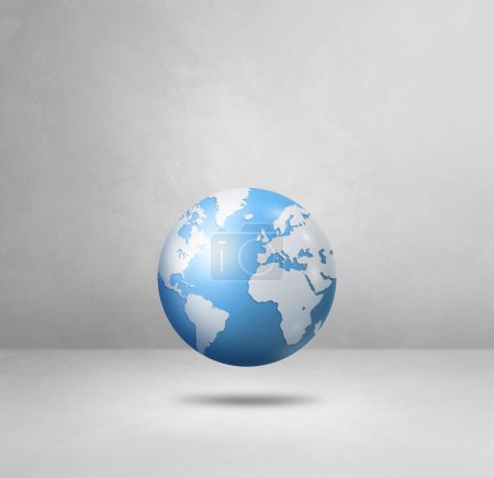 Téléchargez les photos : Globe terrestre bleu clair, flottant sur un fond blanc. Illustration 3D isolée. Modèle carré - en image libre de droit