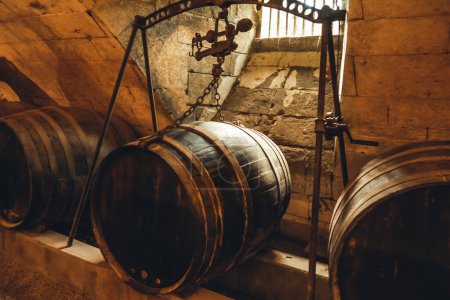 Téléchargez les photos : Vieux tonneaux de bois dans une cave à vin rustique - en image libre de droit