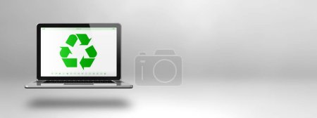 Laptop computer with a recycling symbol on screen. environmental conservation concept. 3D illustration isolated on white background. Horizontal banner