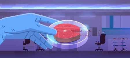 Illustration for Scientist hand holding cultured red raw fish meat made from animal cells artificial lab grown meat production concept laboratory interior horizontal vector illustration - Royalty Free Image