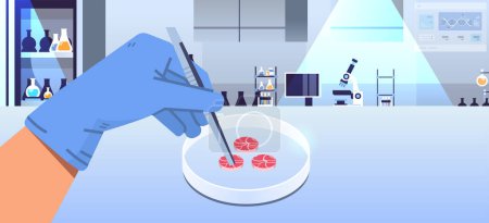 Illustration for Scientist hands holding cultured red raw meat made from animal cells artificial lab grown meat production concept horizontal vector illustration - Royalty Free Image