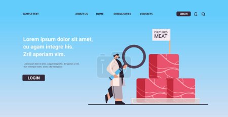 Illustration for Scientist analyzing cultured red raw meat made from animal cells artificial lab grown meat production concept horizontal copy space vector illustration - Royalty Free Image