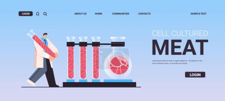 Illustration for Scientist analyzing test tubes with cultured red raw meat made from animal cells artificial lab grown meat production concept horizontal copy space vector illustration - Royalty Free Image