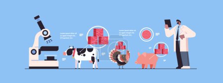 Illustration for Scientist controlling production process of cultured red raw meat made from animal cells artificial lab grown meat horizontal vector illustration - Royalty Free Image