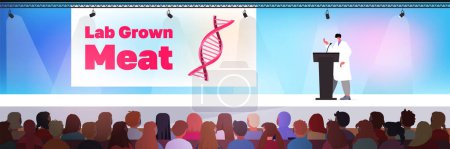 Illustration for Scientist giving speech at tribune cultured red raw meat made from animal cells artificial lab grown meat production concept horizontal vector illustration - Royalty Free Image