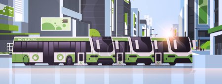 bus électriques recharge parking à la station de charge avec une fiche câble transport électrifié e-motion EV gestion concept de transport durable paysage urbain arrière-plan vecteur horizontal