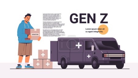 Illustration for Young man holding donation help box with medical supplies near electric cargo van humanitarian aid material assistance generation Z concept horizontal copy space vector illustration - Royalty Free Image