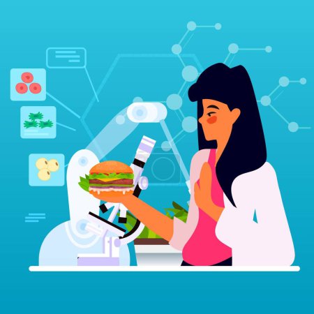 Illustration for Woman scientist analyzing cultured beef burger made from animal cells artificial lab grown meat production concept vector illustration - Royalty Free Image