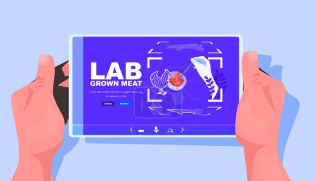 Illustration for Scientist analyzing dna of cultured chicken meat on tablet pc screen artificial lab grown meat production concept horizontal vector illustration - Royalty Free Image