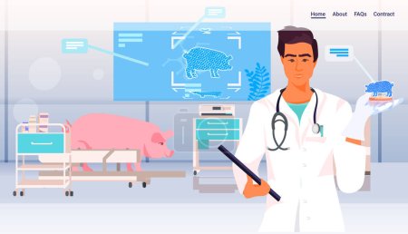 Wissenschaftler analysieren dna von kultiviertem Schweinefleisch auf Tablet-PC-Bildschirm künstliche Labor gezüchtet Fleisch Produktionskonzept modernes Labor Interieur horizontale Vektorillustration