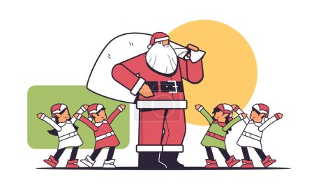 Illustration for Santa claus standing with mix race elves in uniform happy new year merry christmas holidays celebration greeting card horizontal linear vector illustration - Royalty Free Image