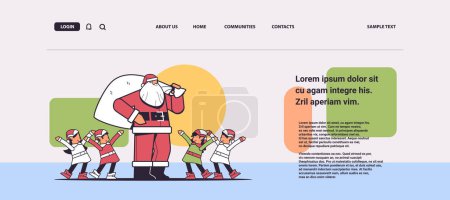 Illustration for Santa claus standing with mix race elves in uniform happy new year merry christmas holidays celebration greeting card horizontal copy space linear vector illustration - Royalty Free Image
