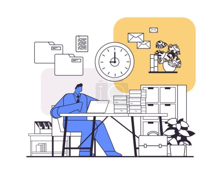 Illustration for Overworked businessman using laptop at workplace busy business man working in office paperwork deadline concept horizontal linear vector illustration - Royalty Free Image