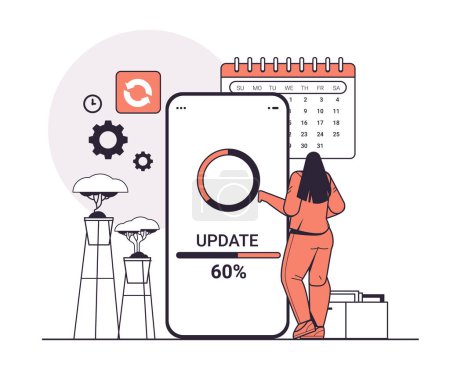 Illustration for Woman updating operating system update process install new software on smartphone horizontal linear vector illustration - Royalty Free Image