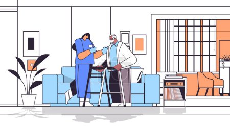 Illustration for Friendly nurse or volunteer supporting elderly man with walkers home care services healthcare and social support concept clinic ward interior horizontl linear vector illustration - Royalty Free Image