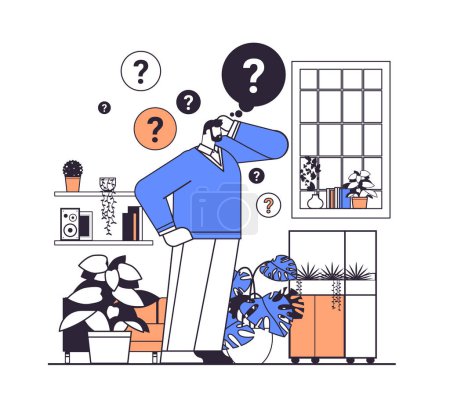 Ilustración de Frustrado hombre de negocios con signo de interrogación en busca de ayuda ayuda pensamiento investigación concepto lineal vector ilustración - Imagen libre de derechos