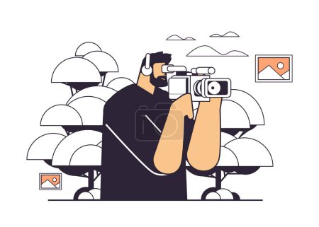 Illustration for Television operator using video camera cameraman looking through camcorder movie making concept linear vector illustrtion - Royalty Free Image