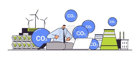 empresario que utiliza el concepto de crédito de carbono portátil responsabilidad del concepto de conservación ambiental de emisiones de CO2 ilustración vectorial lineal horizontal